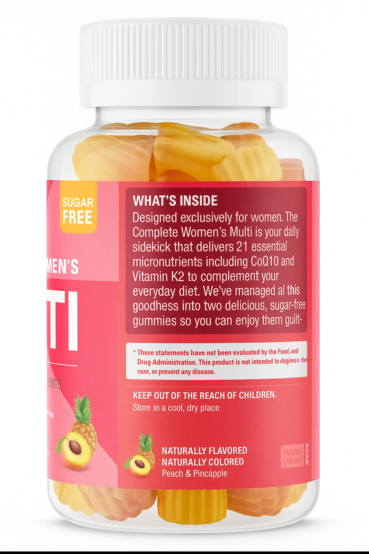 Sugar-Free Women’s Multivitamin Gummies with Peach & Pineapple Flavor — 21 Essential Nutrients for Daily Health, Energy, Im